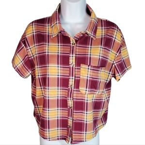 Self Esteem Juniors Size XL Cropped Plaid Button Shirt Short Sleeve